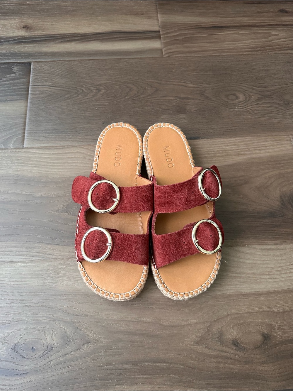 Mudo Women's Red Suede Double-Buckle Slide Sandals